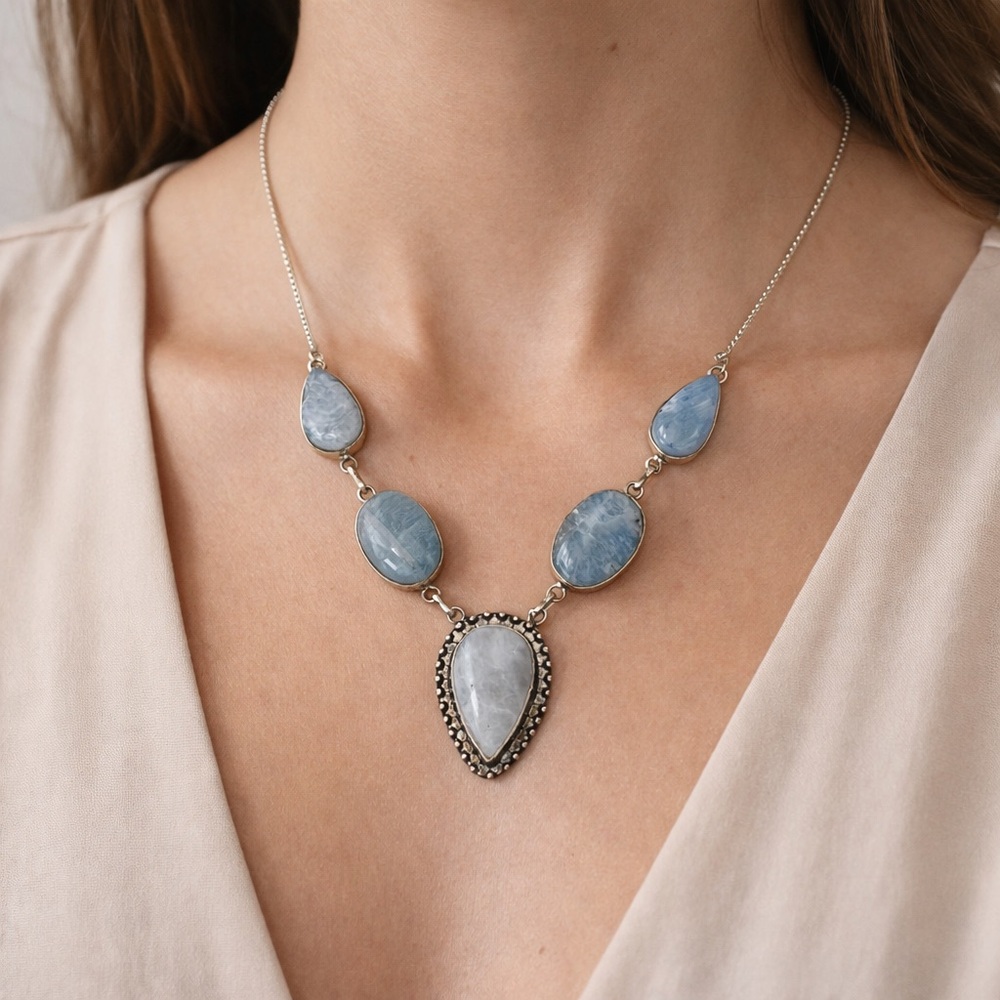925 Rainbow Moonstone 5 Stone Bohemian Silver Plated Necklace
